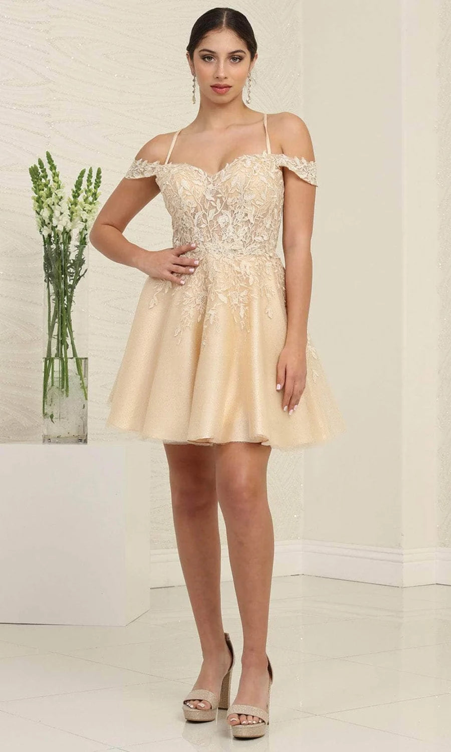 Applique Short Cold Shoulder Dress by May Queen MQ2099