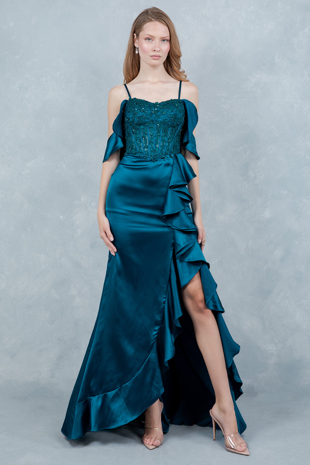 Off Shoulder Ruffled Gown by Cinderella Couture 8461J