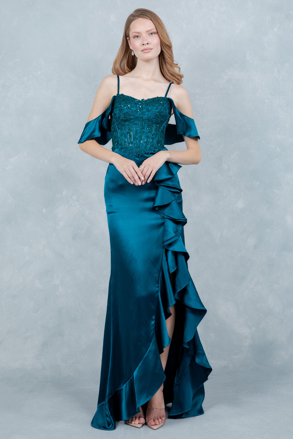 Off Shoulder Ruffled Gown by Cinderella Couture 8461J