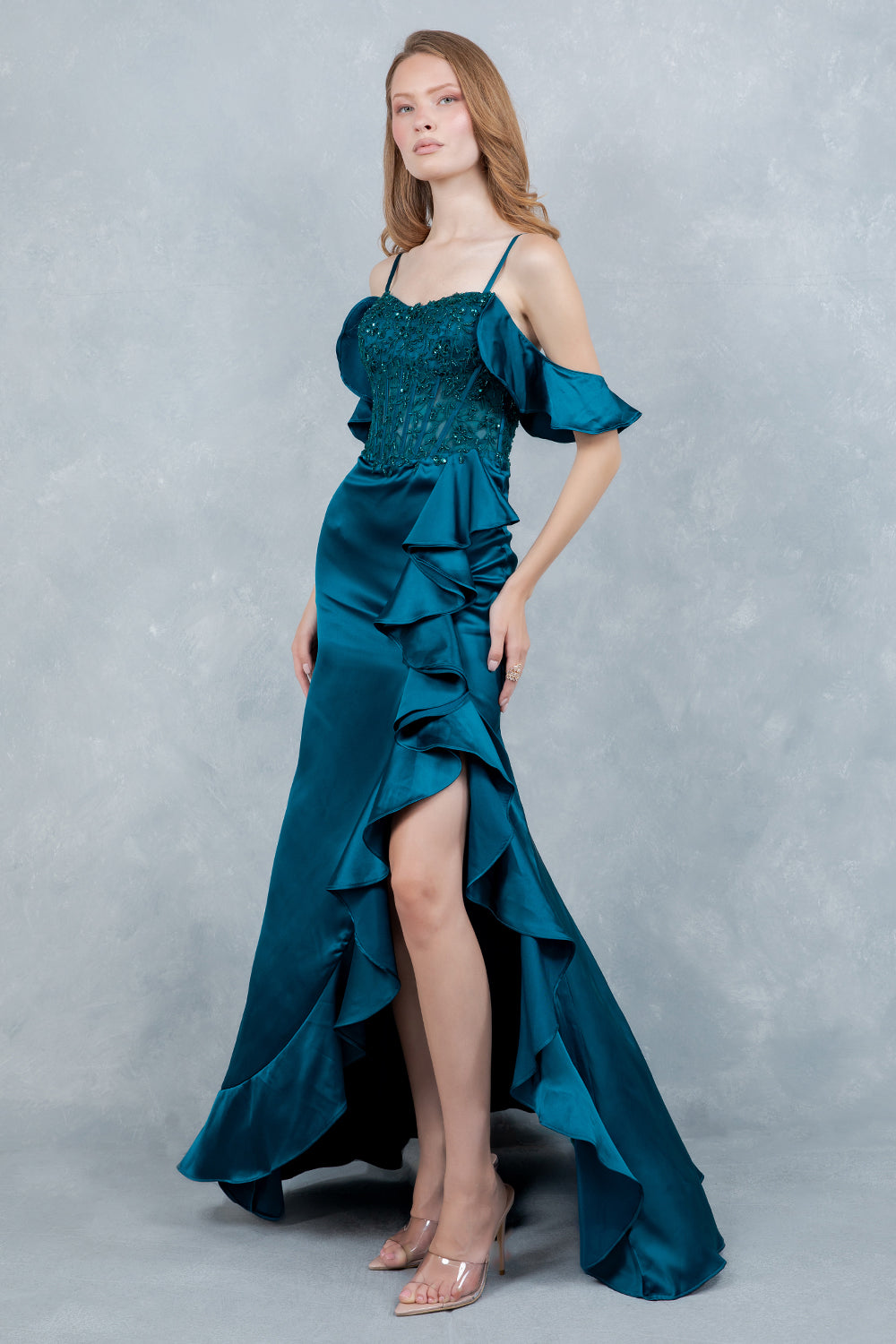 Off Shoulder Ruffled Gown by Cinderella Couture 8461J