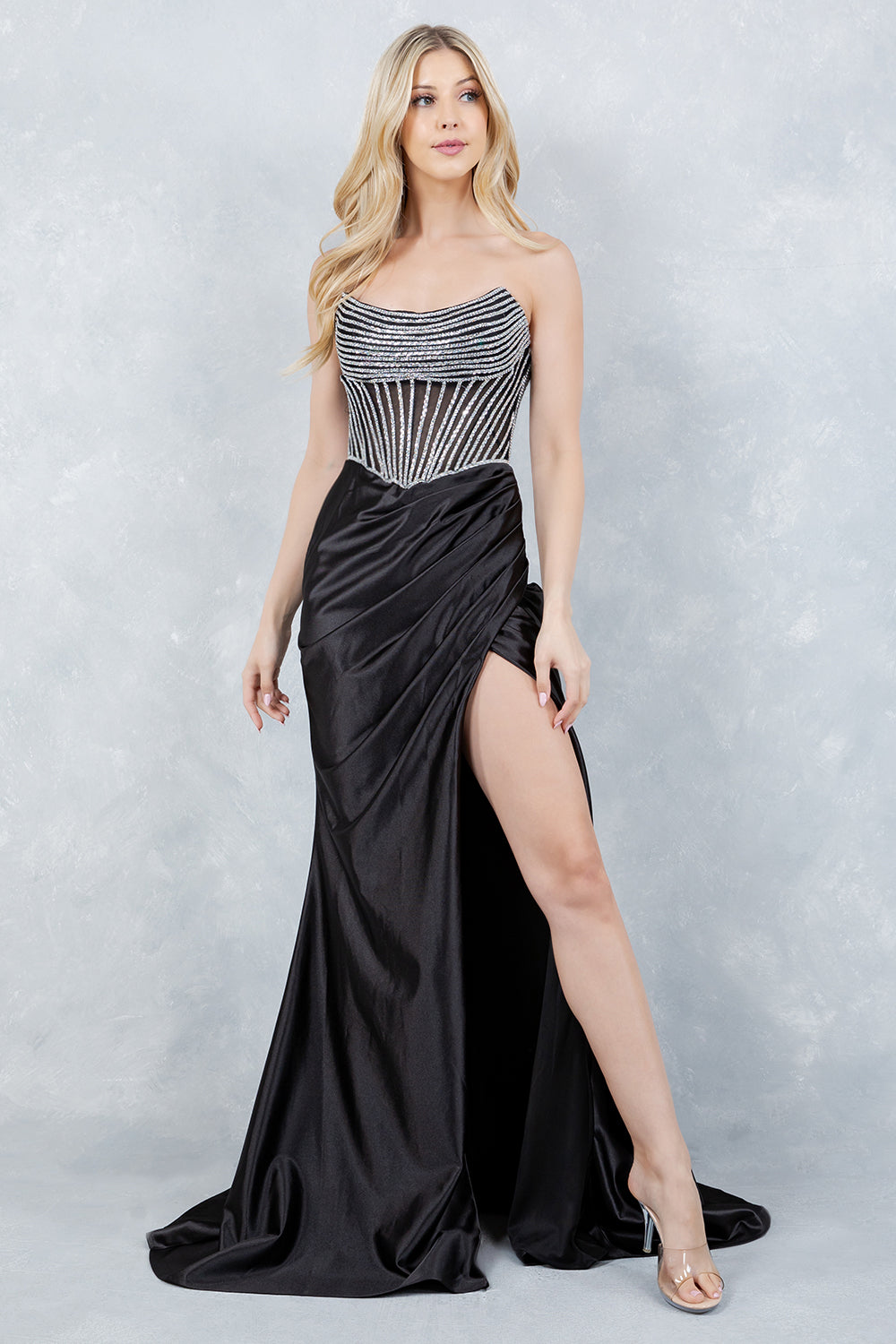 Satin Strapless Slit Gown by Cinderella Couture 8473J