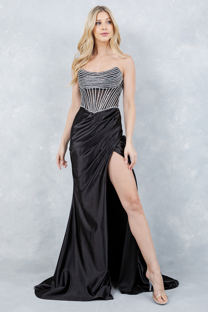 Satin Strapless Slit Gown by Cinderella Couture 8473J