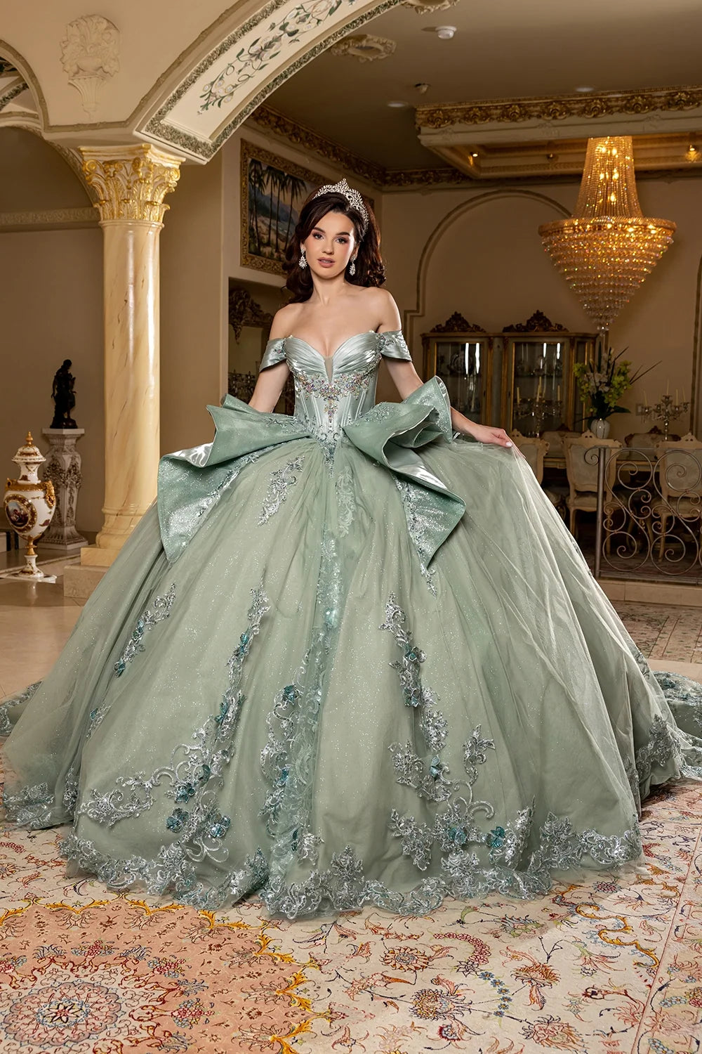 Off Shoulder Bow Ball Gown by May Queen LK297