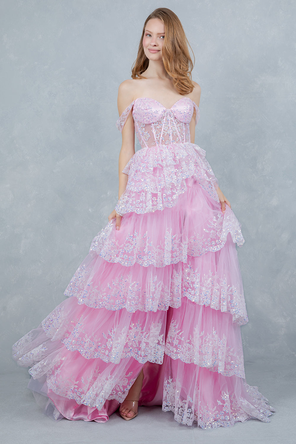 Off Shoulder Tiered Gown by Cinderella Couture 8499J