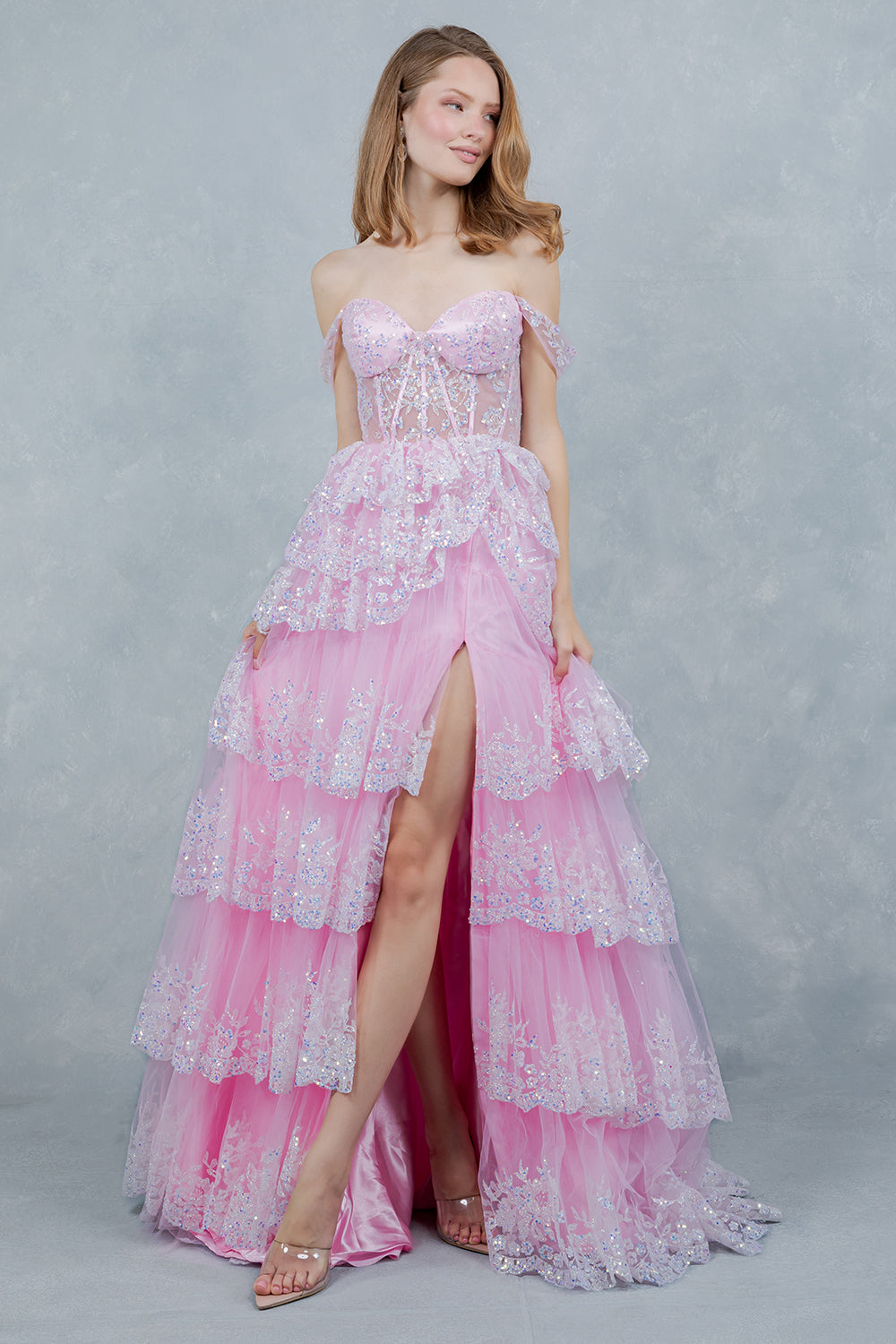 Off Shoulder Tiered Gown by Cinderella Couture 8499J