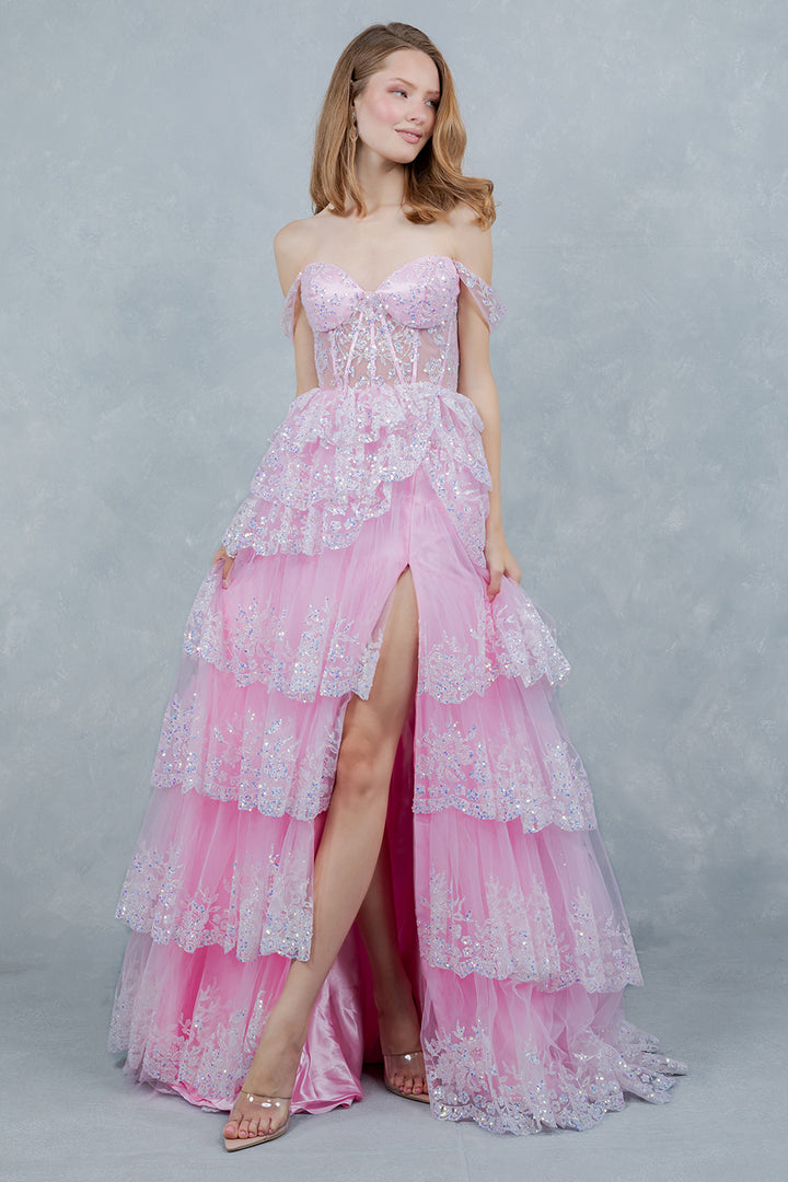 Off Shoulder Tiered Gown by Cinderella Couture 8499J