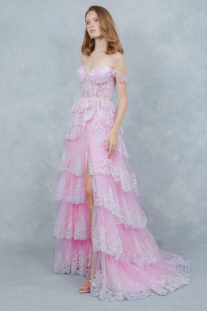 Off Shoulder Tiered Gown by Cinderella Couture 8499J