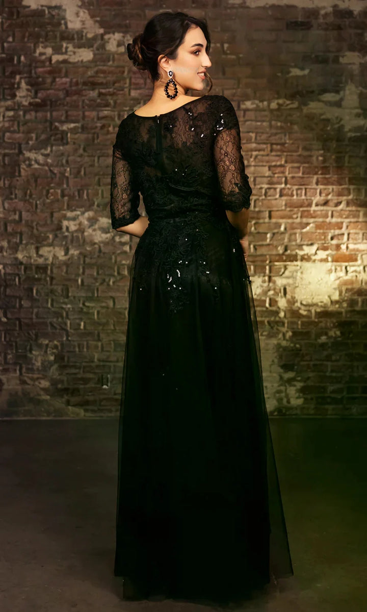 Applique Mid-Sleeve A-line Gown by May Queen MQ2143
