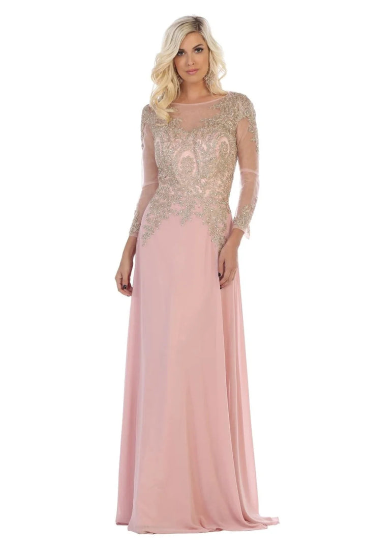 Applique Long Sleeve A-line Gown by May Queen MQ1549