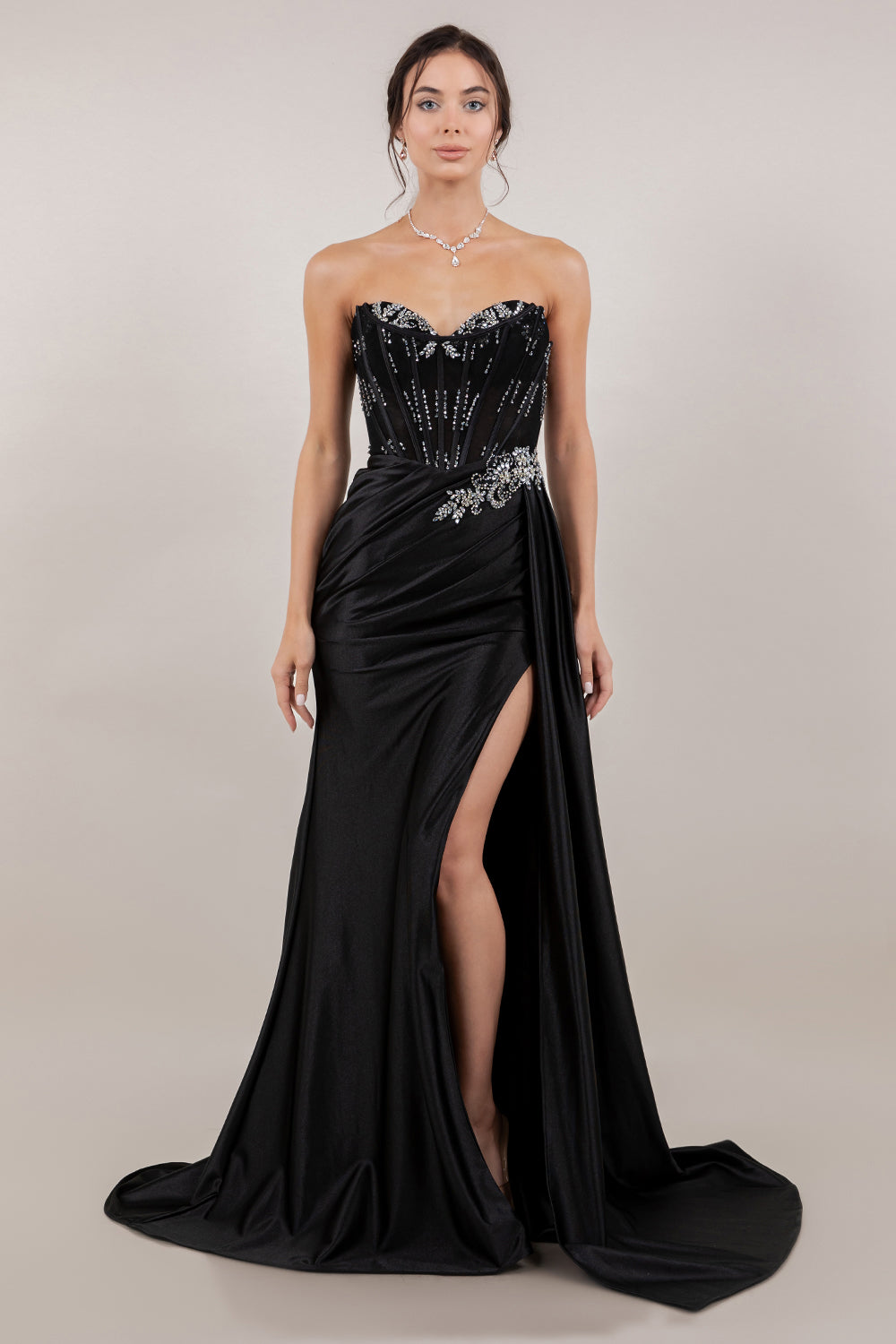 Satin Sweetheart Slit Gown by Cinderella Couture 8511J