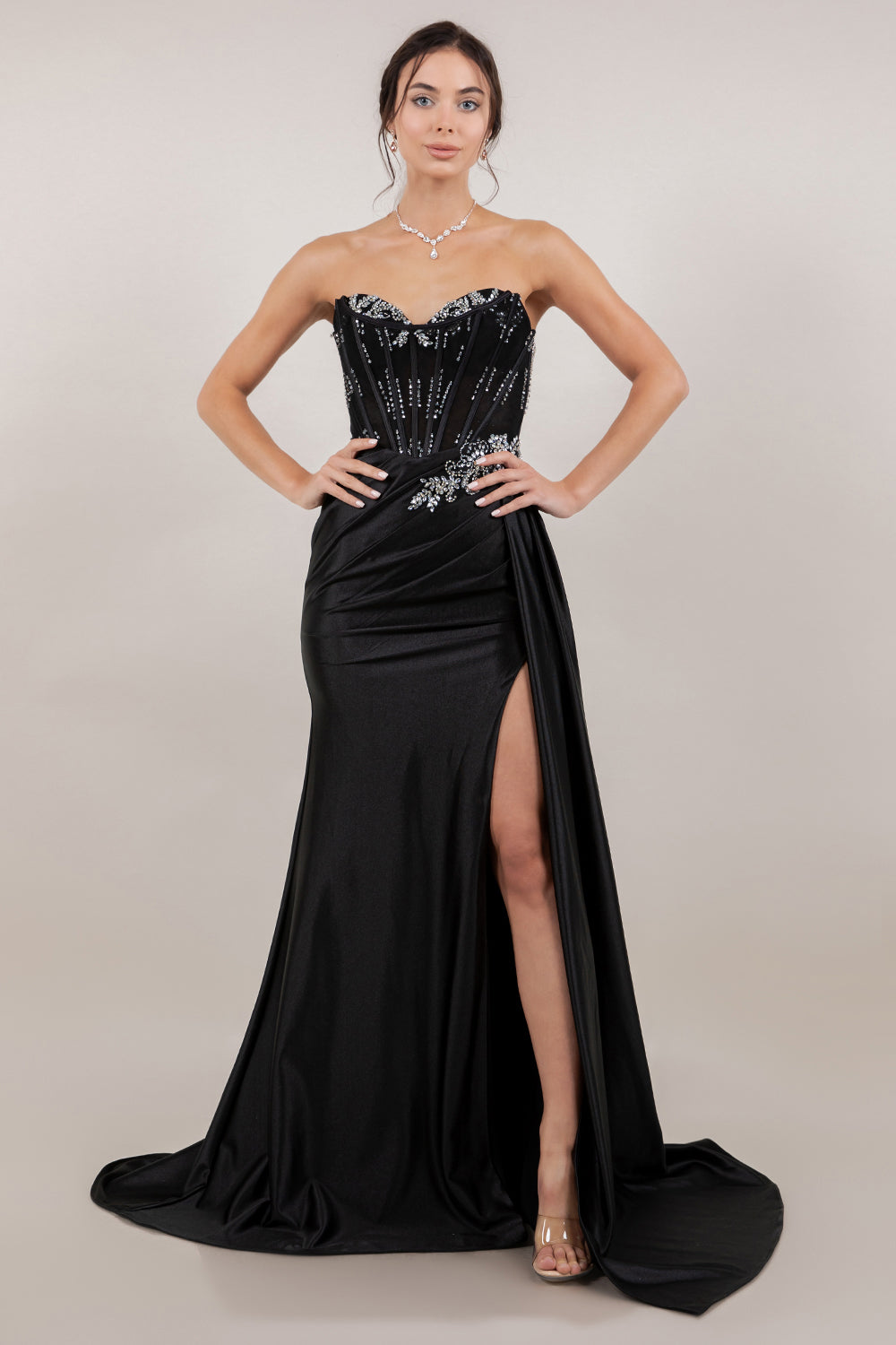 Satin Sweetheart Slit Gown by Cinderella Couture 8511J