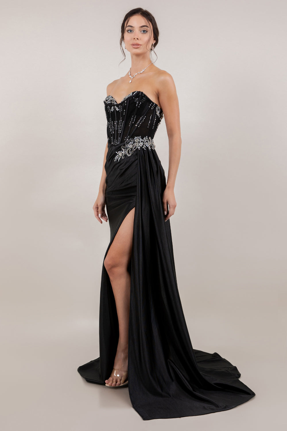 Satin Sweetheart Slit Gown by Cinderella Couture 8511J