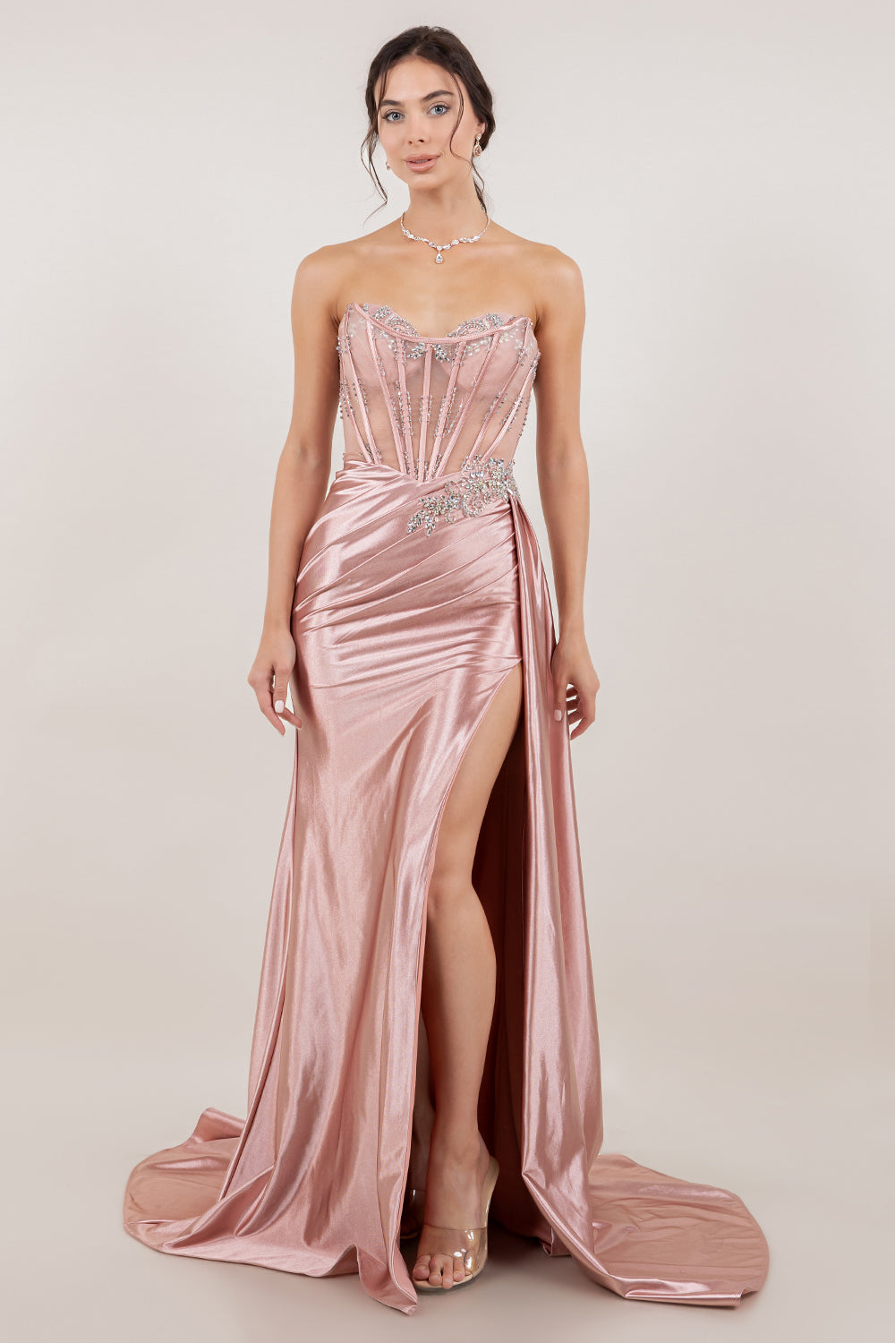 Satin Sweetheart Slit Gown by Cinderella Couture 8511J