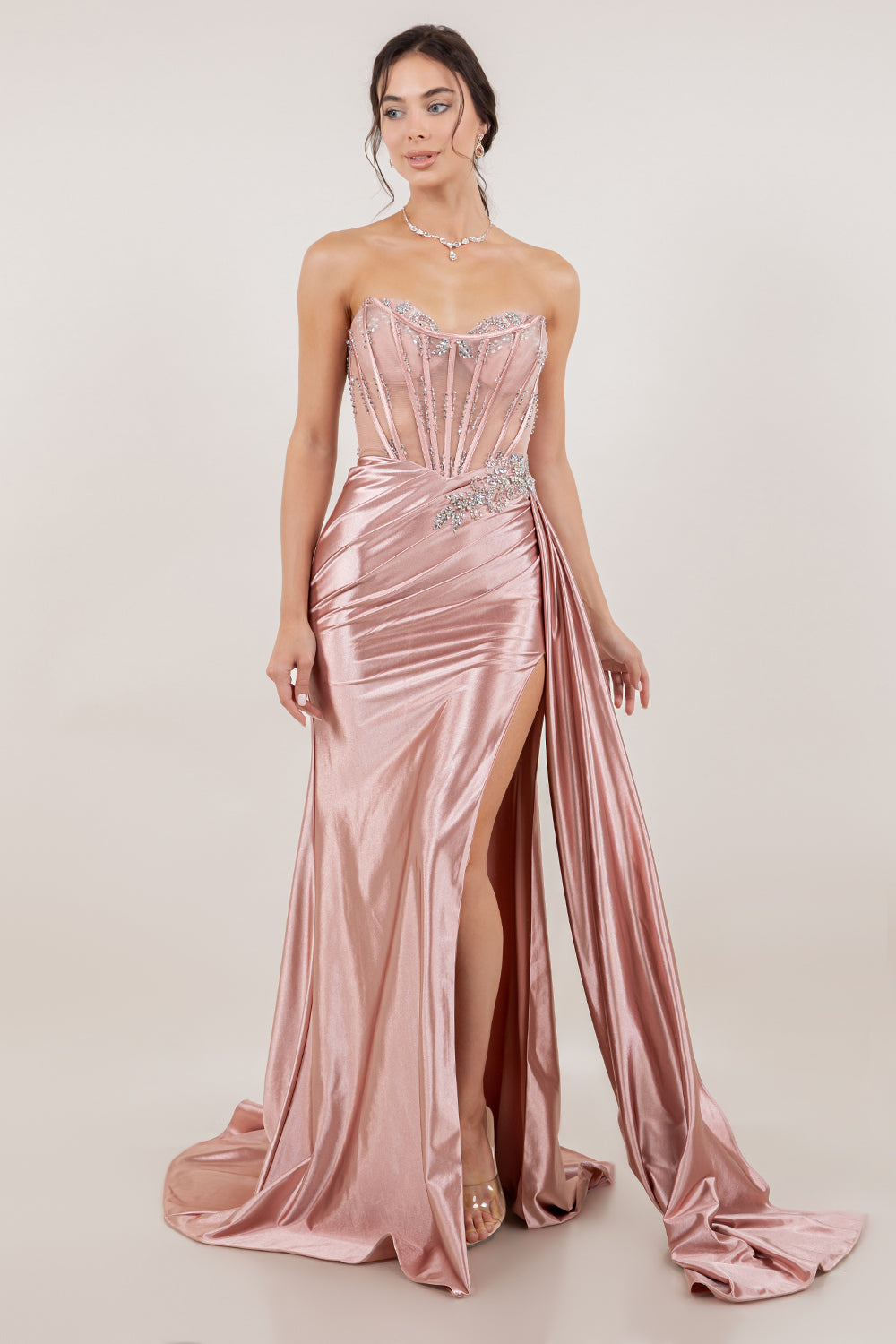 Satin Sweetheart Slit Gown by Cinderella Couture 8511J