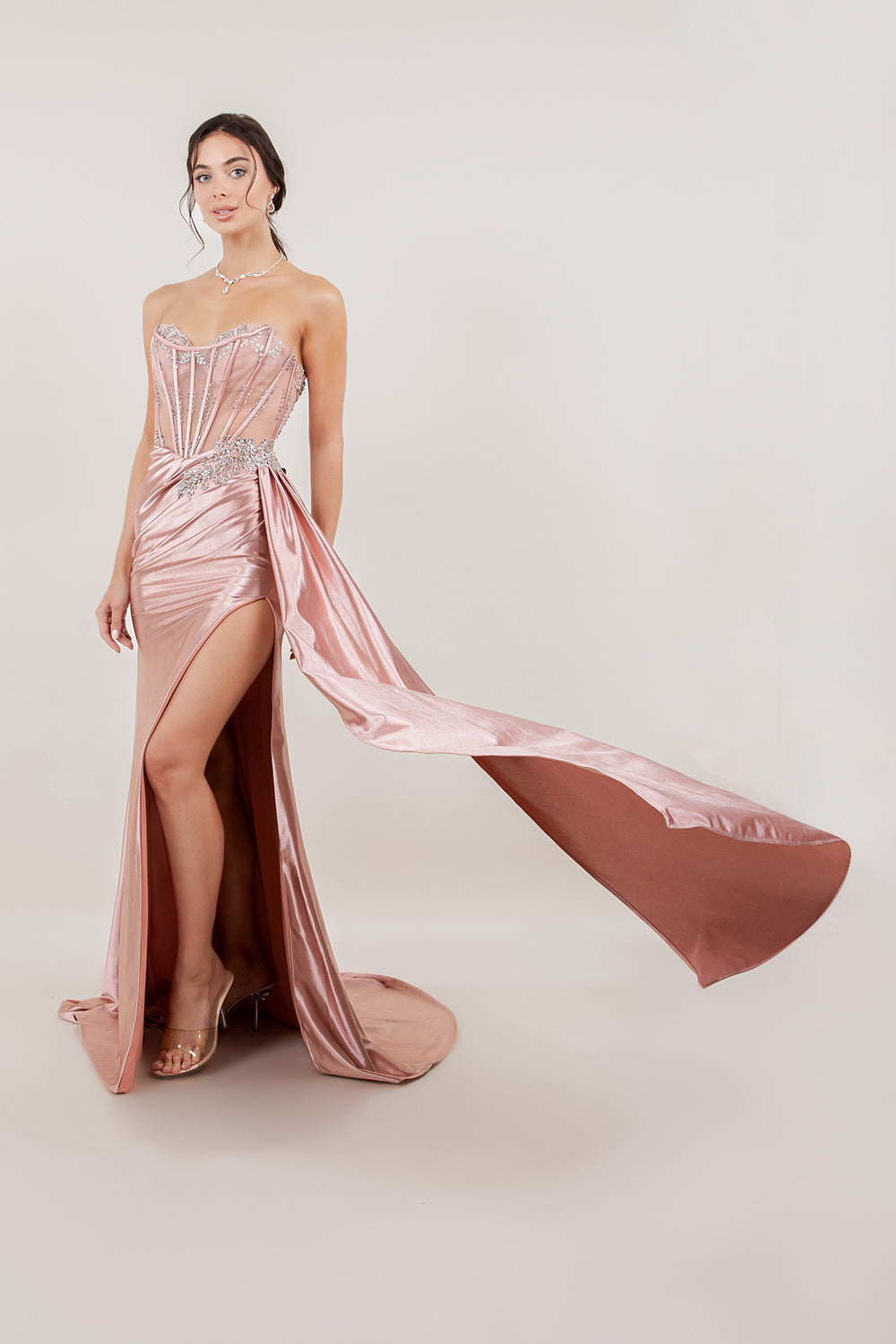 Satin Sweetheart Slit Gown by Cinderella Couture 8511J