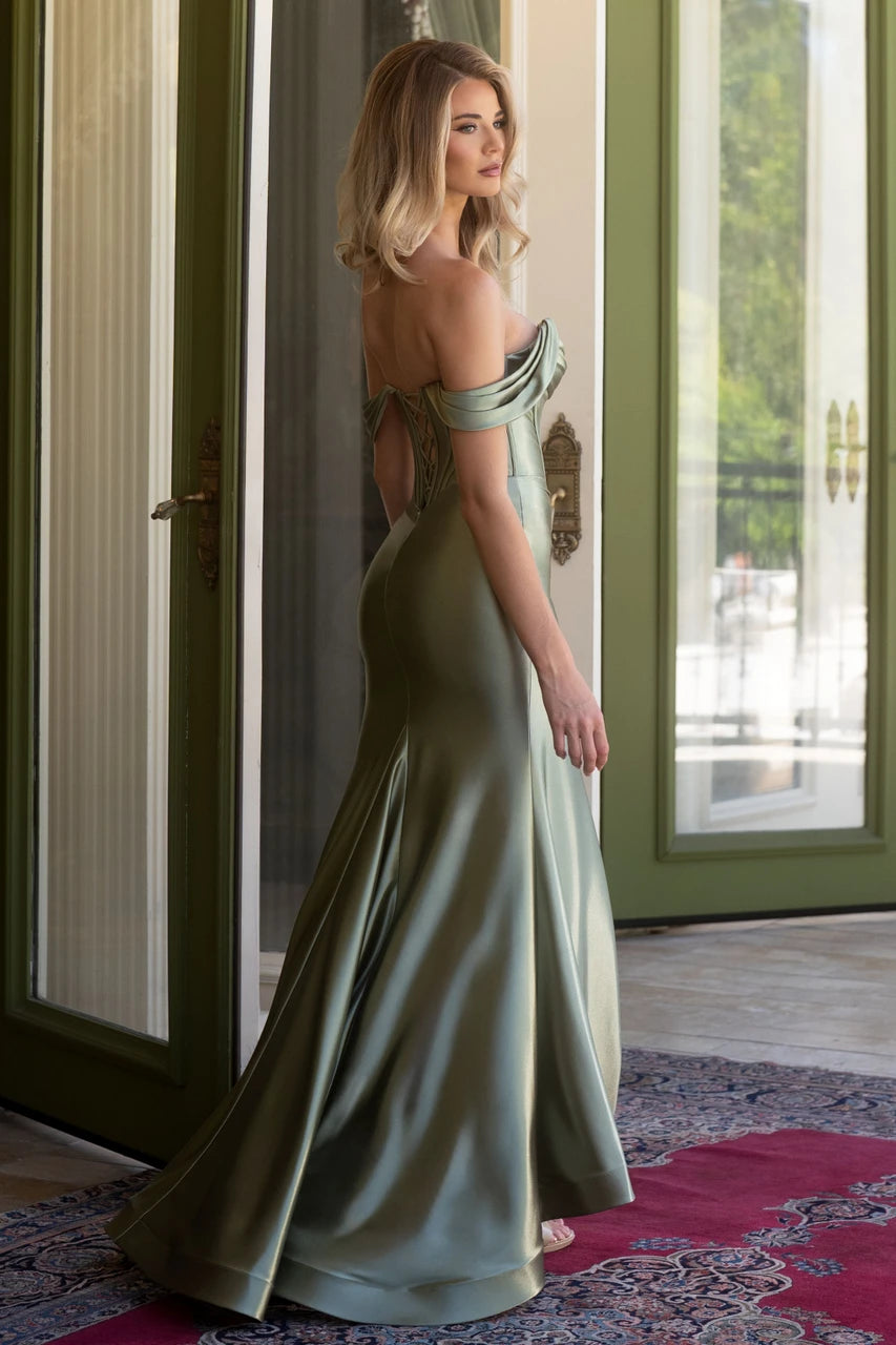 Satin Fitted Off Shoulder Slit Gown by Lenovia 8522