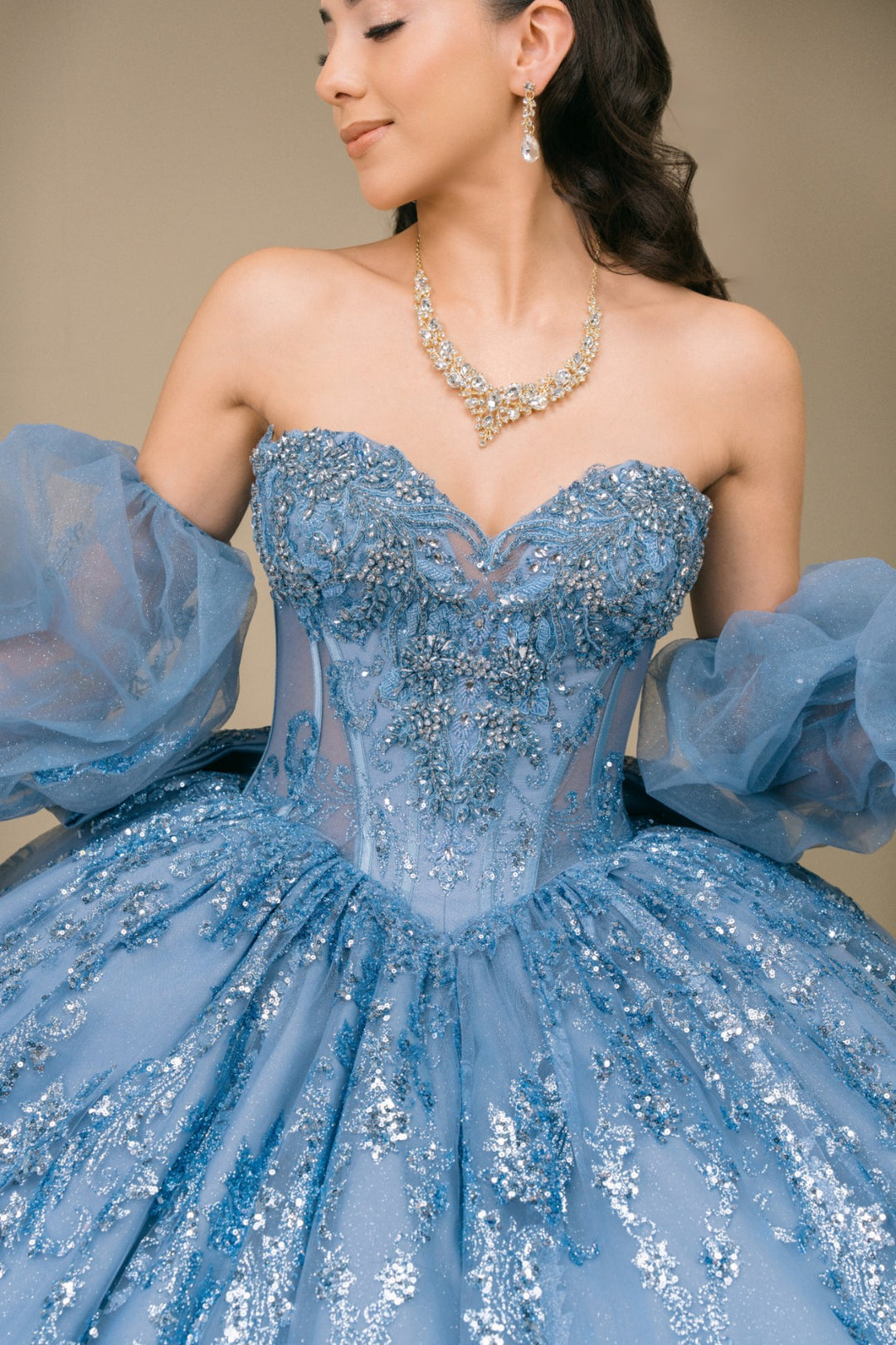 Womens Dusty Blue Beaded Quinceañera Ball Gown with Puff Sleeves 4/XS-16/3X, Womens 6/S / Dusty Blue