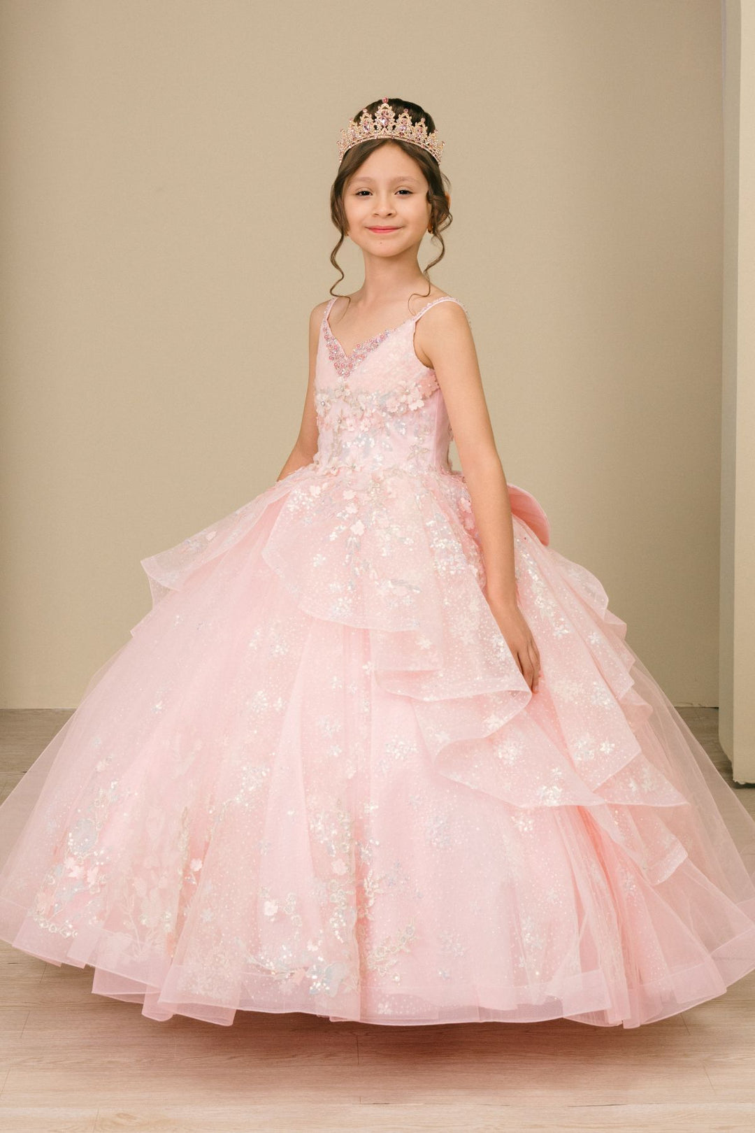 Girls V-Neck Ruffled Gown by Cinderella Couture 8570