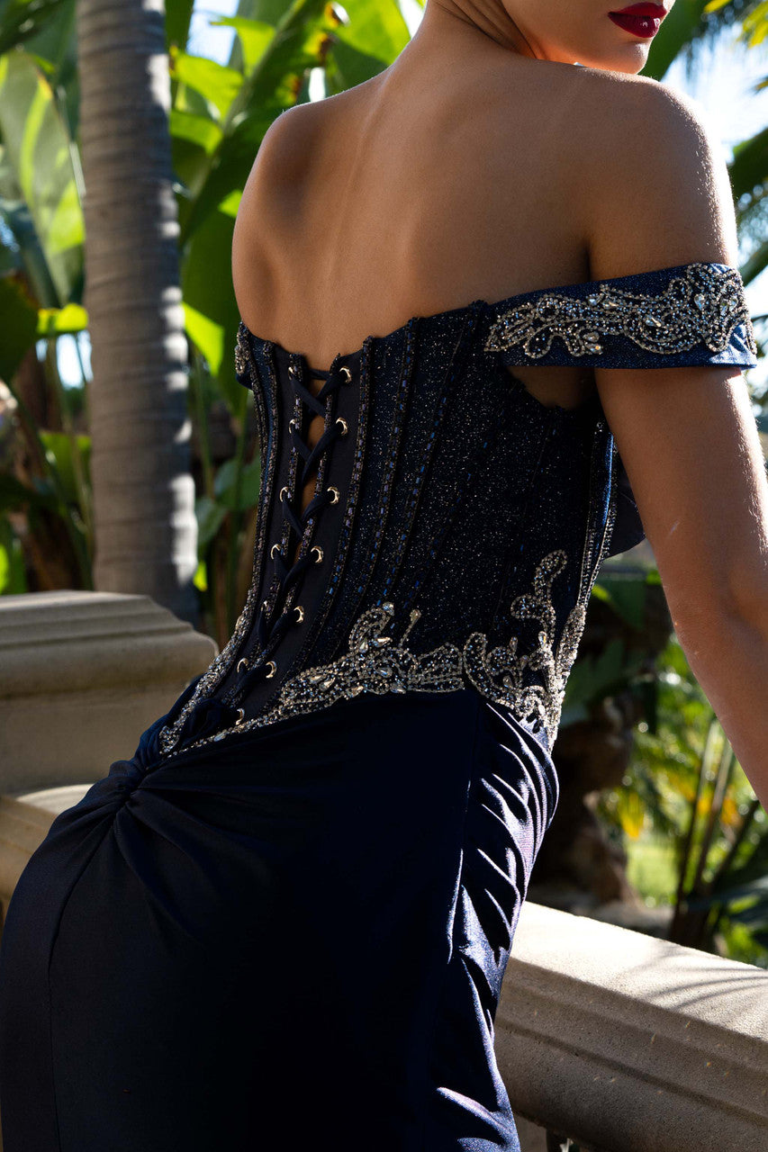 Beaded Sateen Off Shoulder Slit Gown by Lenovia 8485