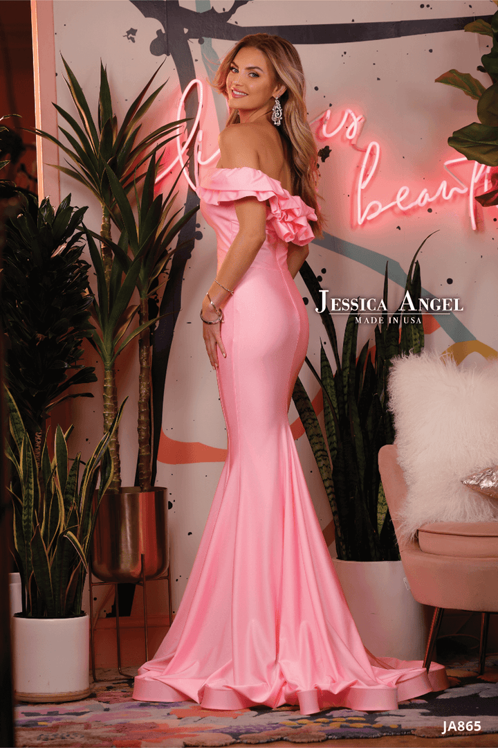 Jersey Fitted Off Shoulder Gown by Jessica Angel 865