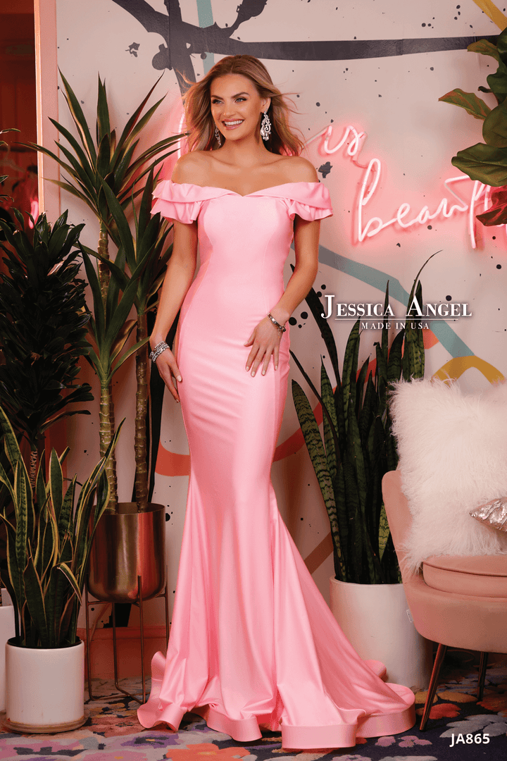 Jersey Fitted Off Shoulder Gown by Jessica Angel 865