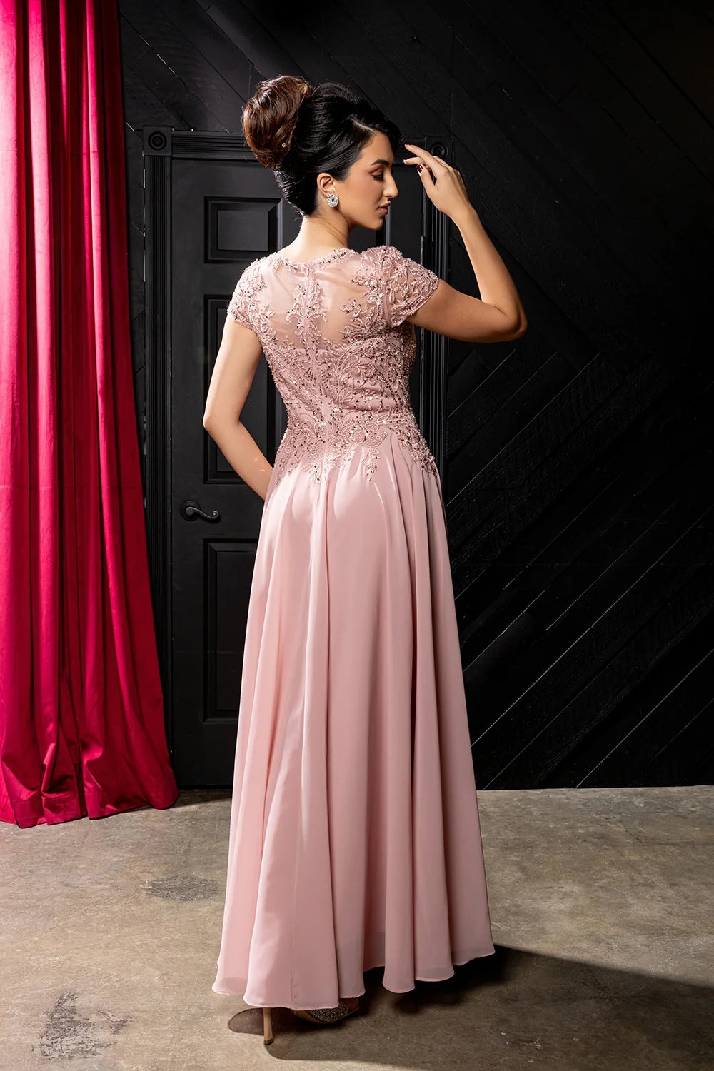 Applique Short Sleeve A-line Gown by May Queen MQ2239