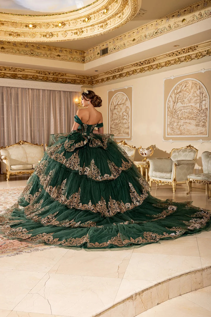 Off Shoulder Tiered Ball Gown by May Queen LK302