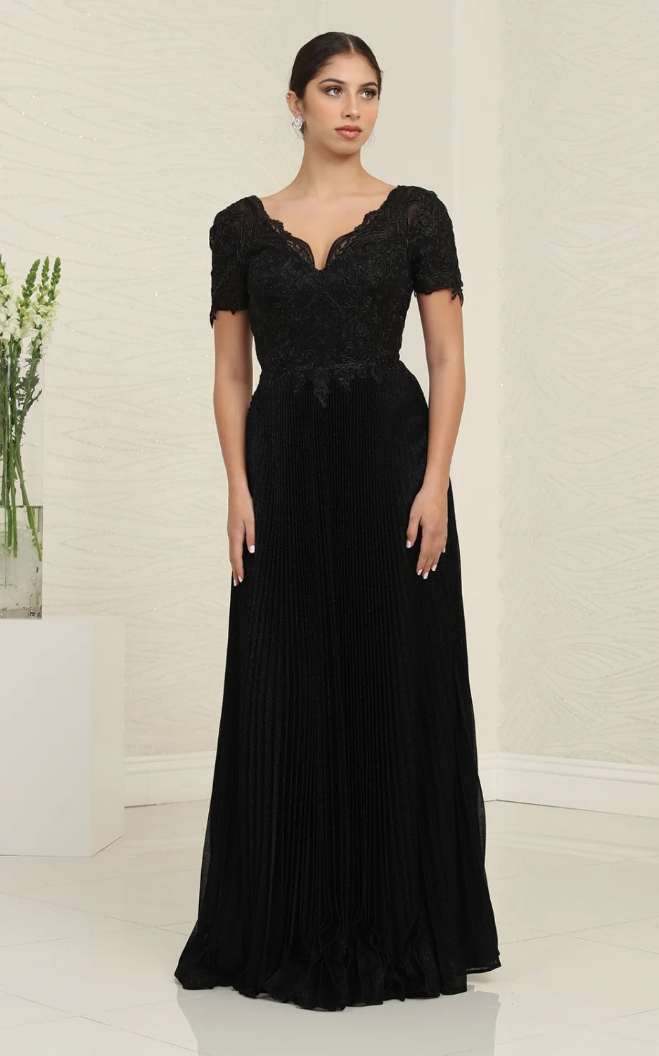 Pleated Short Sleeve A-line Gown by May Queen MQ1902