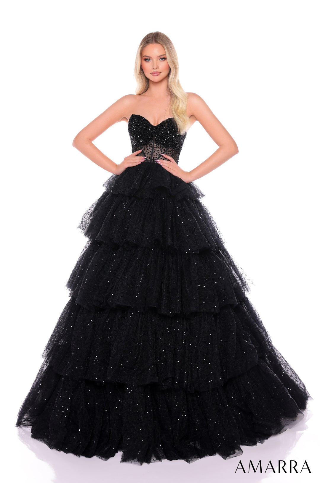 Glitter Strapless A-line Layered Gown by Amarra 88131