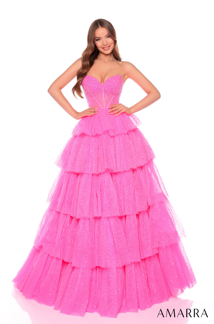 Glitter Strapless A-line Layered Gown by Amarra 88131
