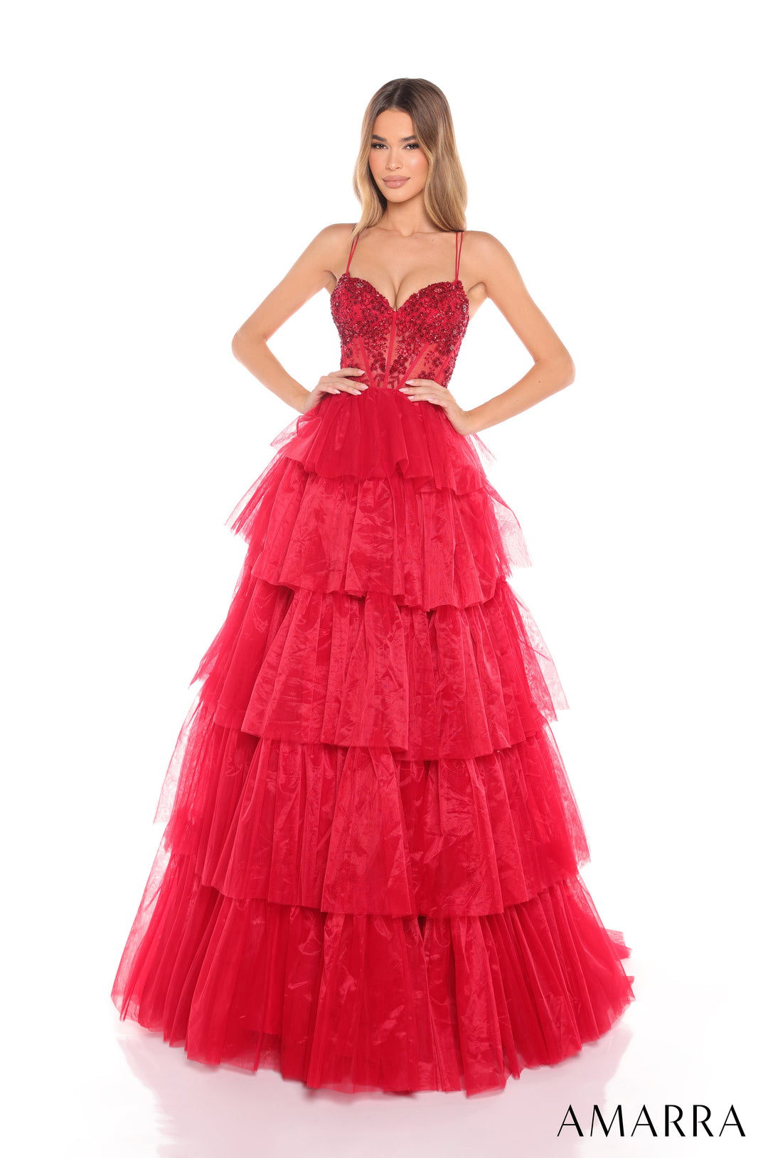Beaded Sleeveless A-line Tiered Gown by Amarra 88345