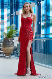 Fitted Applique Sequin Sleeveless Slit Gown by Amarra 88543