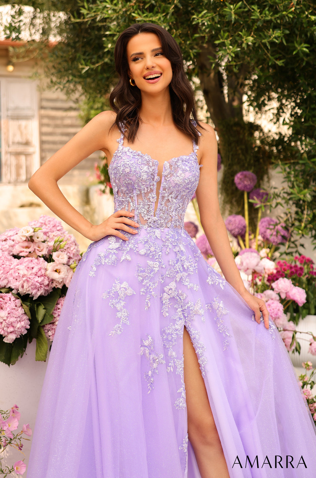 Lace Applique Sleeveless Corset Slit Gown by Amarra 88735