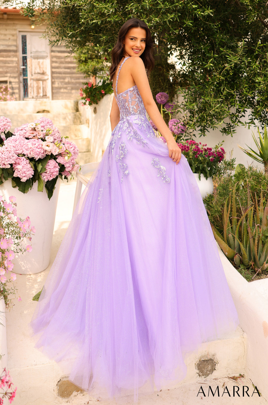 Lace Applique Sleeveless Corset Slit Gown by Amarra 88735