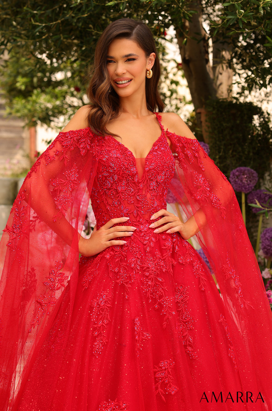 Lace Applique Cape Sleeve Tulle Gown by Amarra 88743