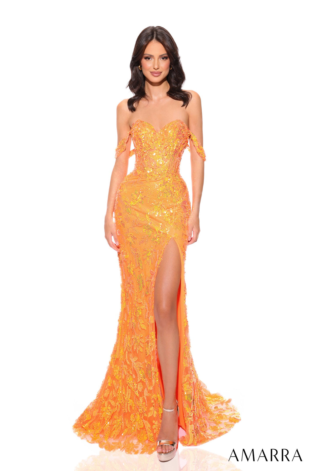 Sequin Applique Off Shoulder Slit Gown by Amarra 88846 - Outlet