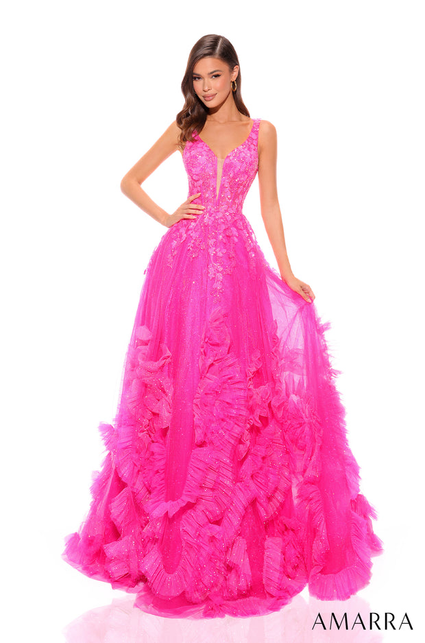 Floral Applique V-Neck Ruffled Tulle Ball Gown by Amarra 88880