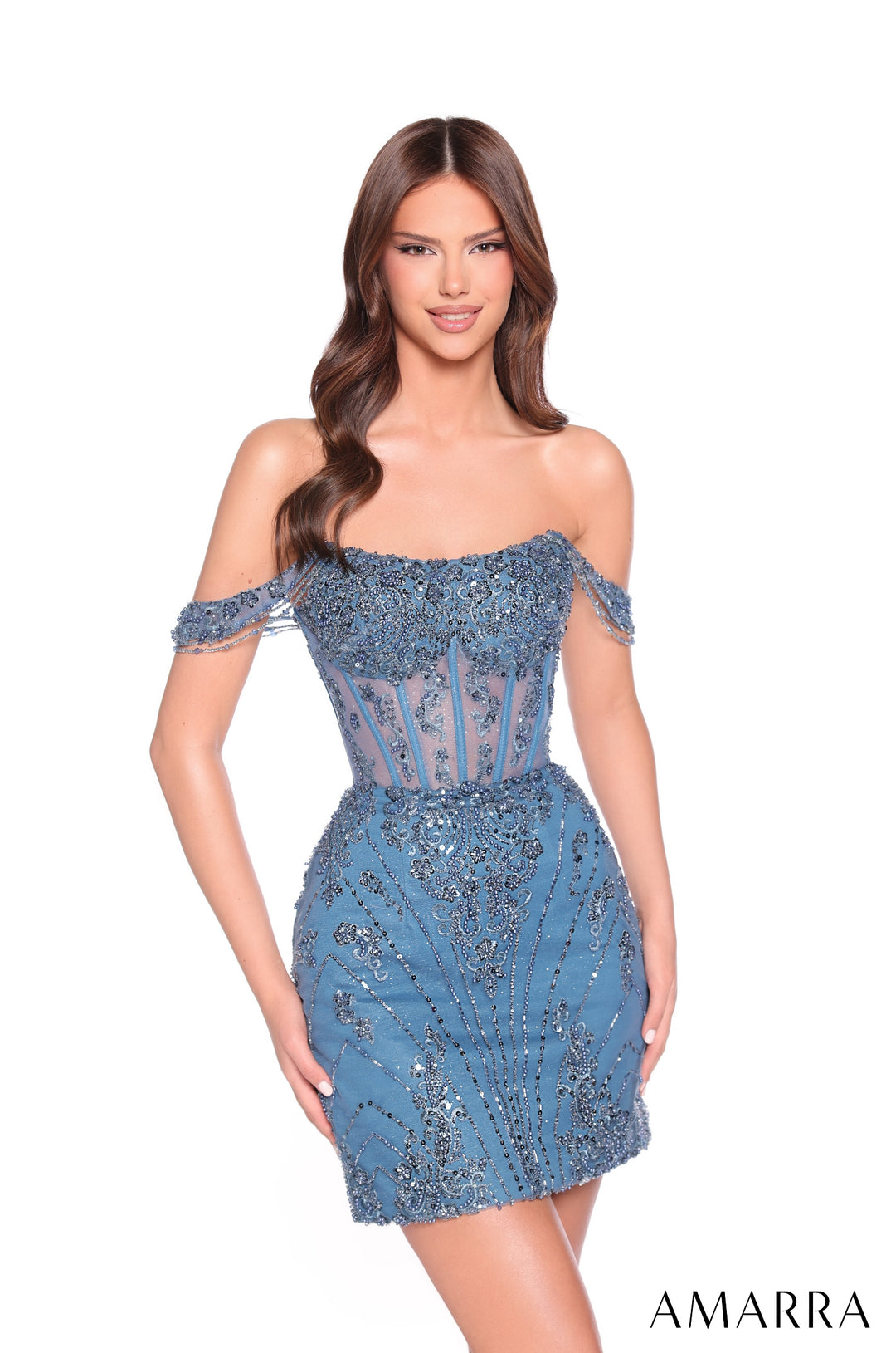 Beaded Short Off Shoulder Dress by Amarra 88900