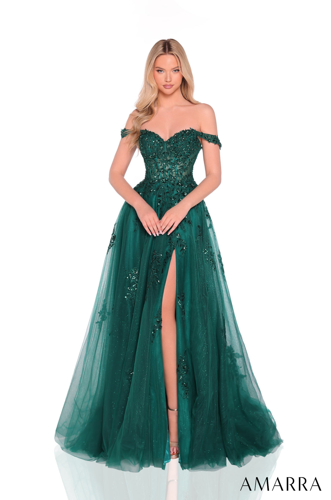 Applique Off Shoulder A-line Gown by Amarra 88938