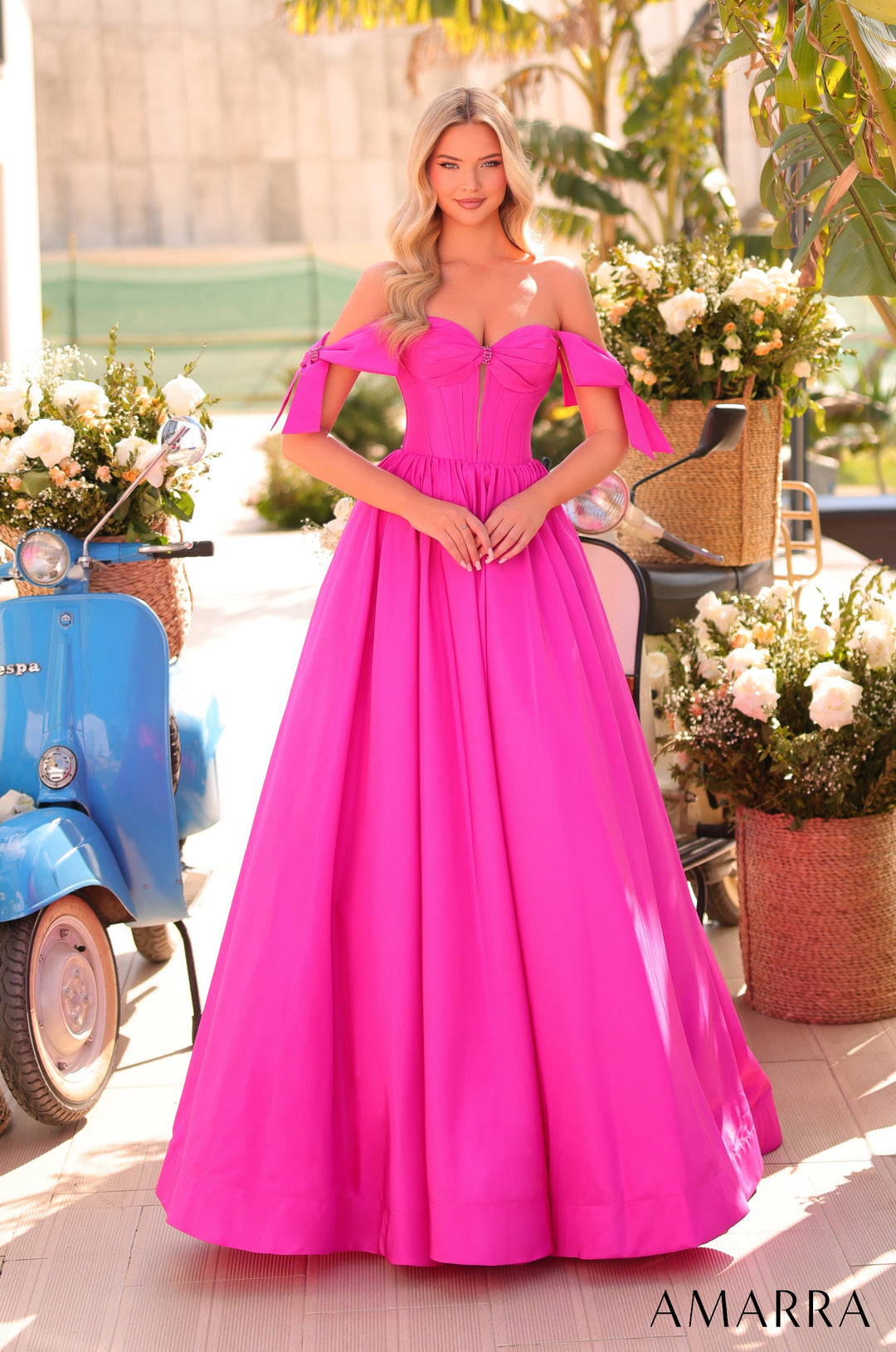 Satin Off Shoulder A-line Gown by Amarra 88995