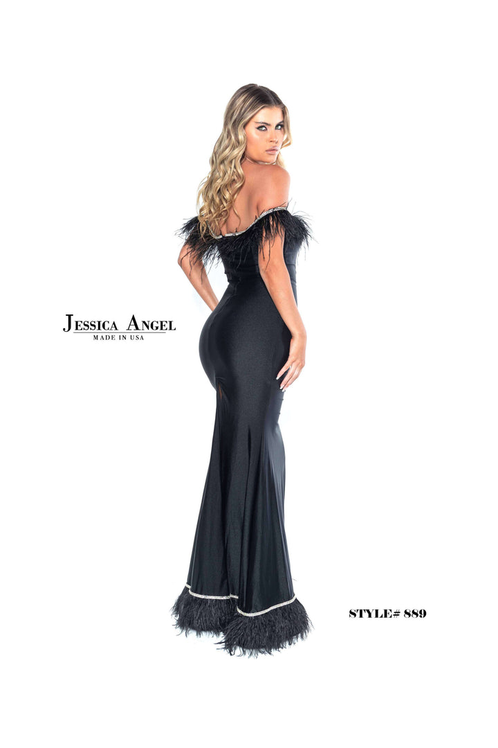 Feather Off Shoulder Slit Gown by Jessica Angel 889