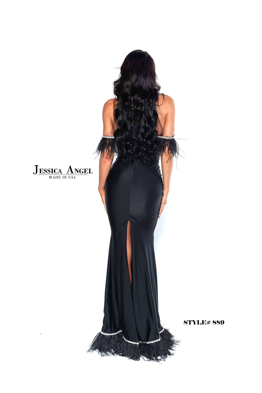 Feather Off Shoulder Slit Gown by Jessica Angel 889