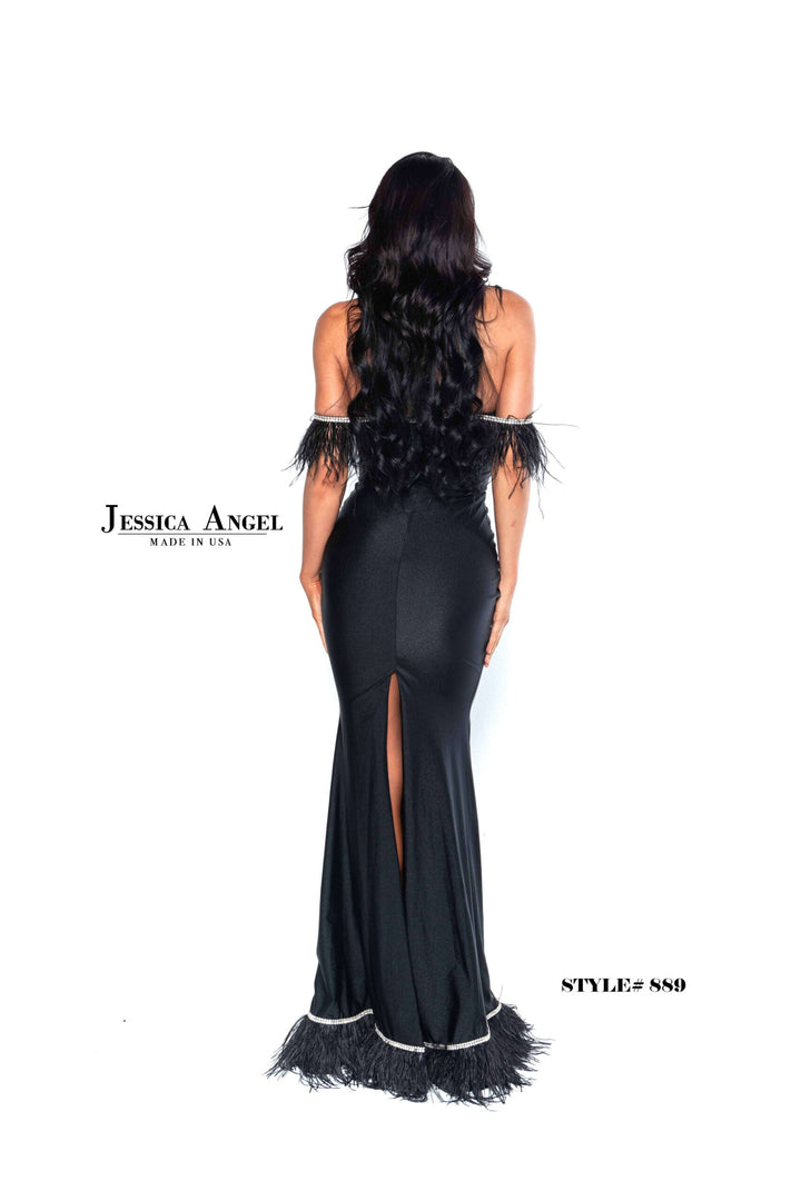 Feather Off Shoulder Slit Gown by Jessica Angel 889