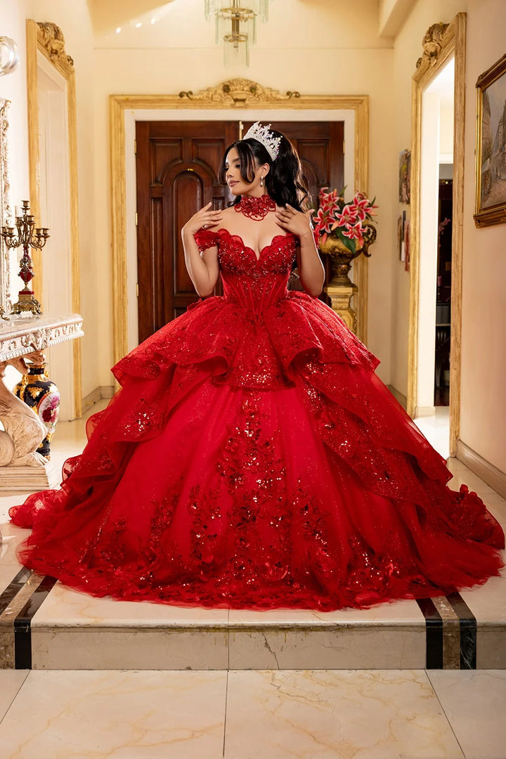 Off Shoulder Layered Ball Gown by May Queen LK298