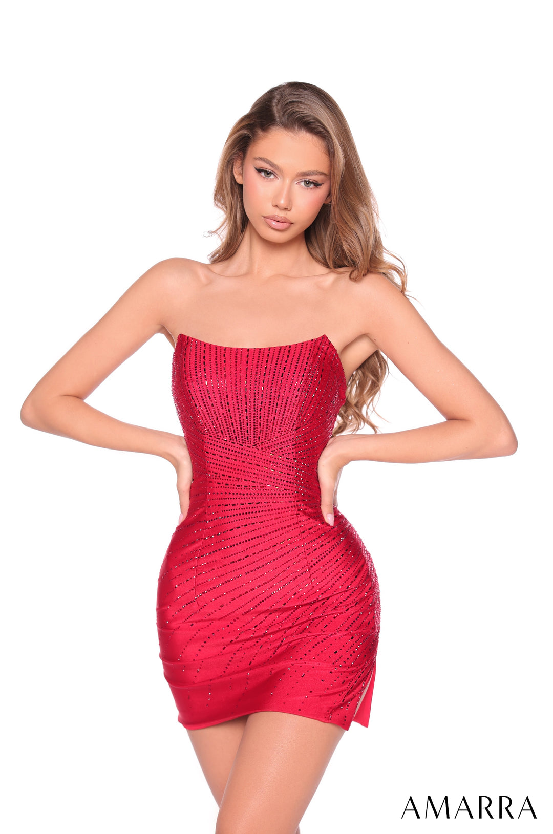 Beaded Short Strapless Slit Dress by Amarra 89018