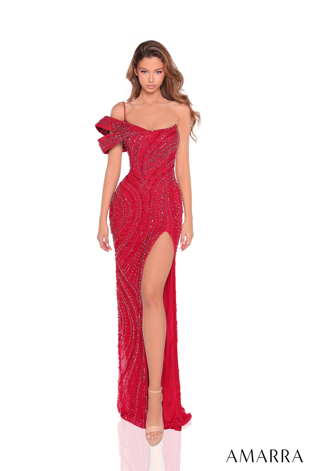 Beaded Fitted Off Shoulder Slit Gown by Amarra 89034