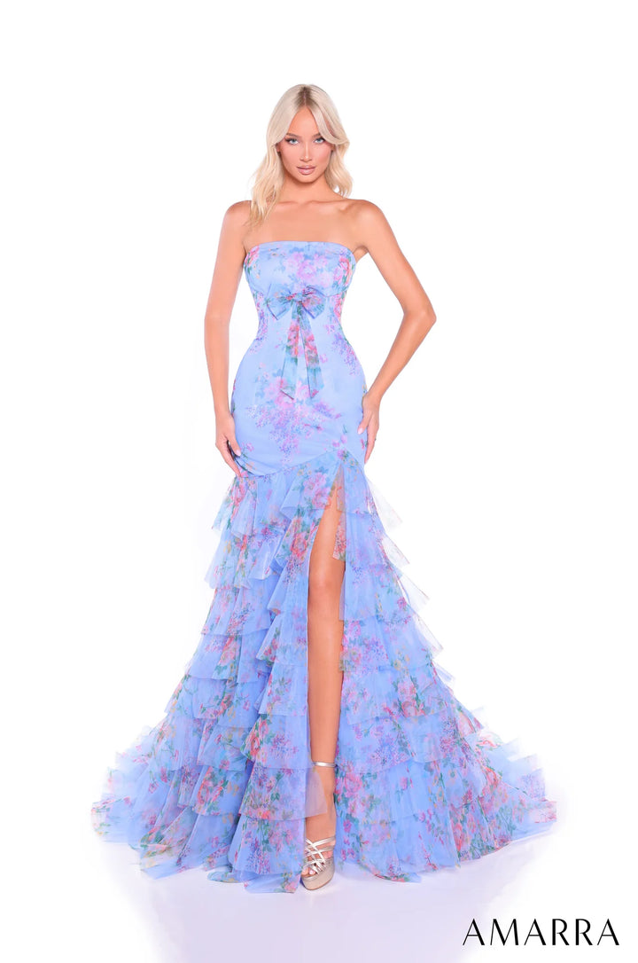 Print Strapless Tiered Slit Gown by Amarra 89075