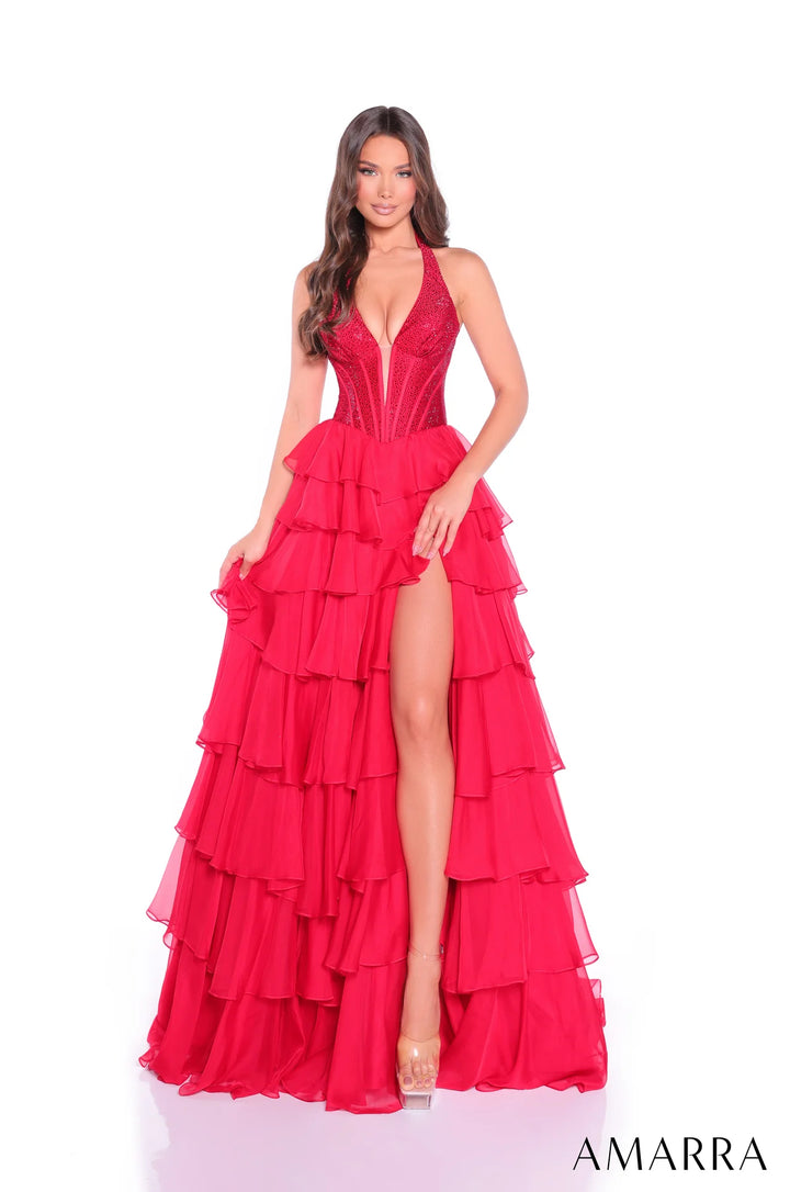 Halter A-line Tiered Slit Gown by Amarra 89287
