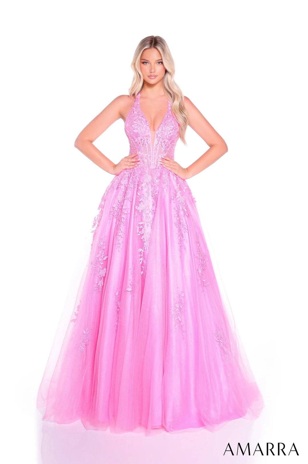 Applique Tulle Halter A-line Gown by Amarra 89317