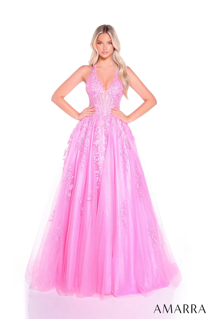 Applique Tulle Halter A-line Gown by Amarra 89317